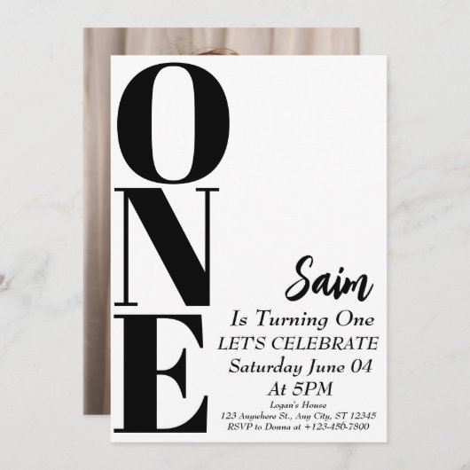 1歳はっきりしたの誕生日ブラックとホワイトの誕生日1歳 招待状 (正面/裏面)