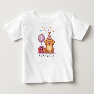 1歳カスタムの誕生日の女の子のための青い子犬ティー ベビーTシャツ