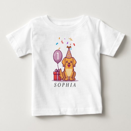 1歳カスタムの誕生日の女の子のための青い子犬ティー ベビーTシャツ (正面)