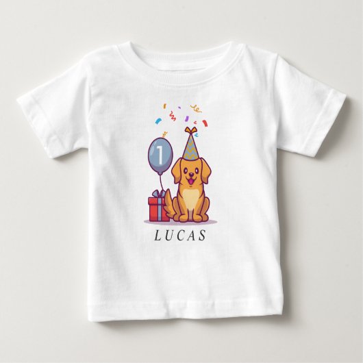 1歳カスタムの誕生日の少年のための青い子犬のティー ベビーTシャツ (正面)