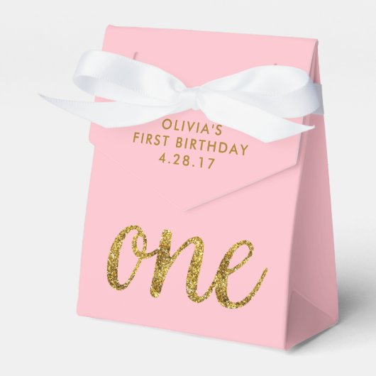 1歳グリッター1歳の誕生日ピンクと金ゴールド フェイバーボックス (正面サイド)
