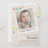 1歳シンプル目の誕生日招待状ブルーフォト 招待状 (正面)