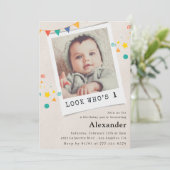 1歳シンプル目の誕生日招待状ブルーフォト 招待状 (スタンド正面)