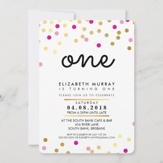 1歳スタイリッシュの誕生日パーティー招待状ピンク金ゴールド女の子 招待状 (正面)