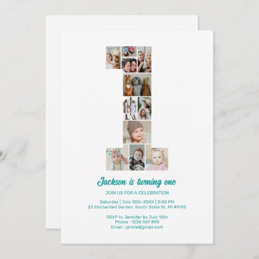 1歳パーソナライズされたの誕生日招待状フォトコラージュ 招待状 (正面/裏面)