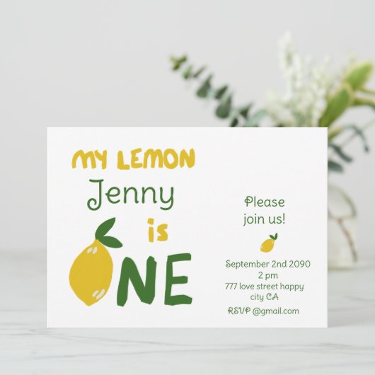1歳ユニークのベビー誕生日レモンかわいい 招待状 (スタンド正面)