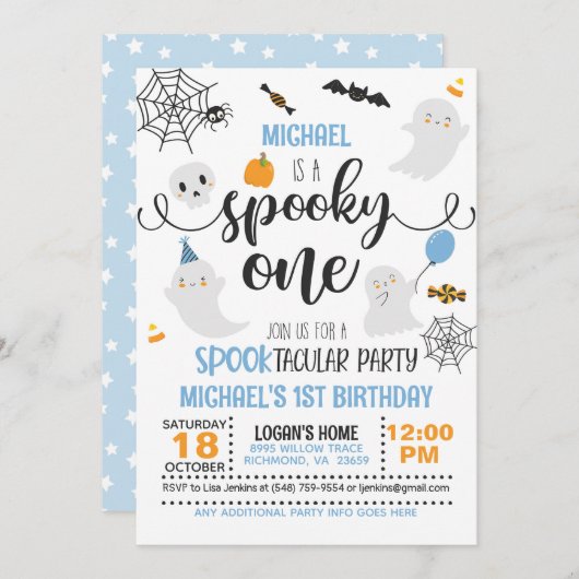 1歳不気味の誕生日招待状 – 少年(白) 招待状 (正面/裏面)