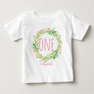 1歳誕生日ベビーガールフローラリース-6 ベビーTシャツ