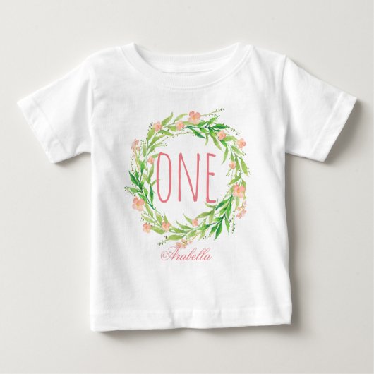 1歳誕生日ベビーガールフローラリース-6 ベビーTシャツ (正面)