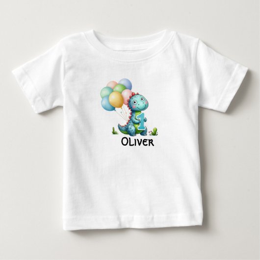1歳誕生日男の子恐竜パーソナライズ名前シャツ ベビーTシャツ (正面)