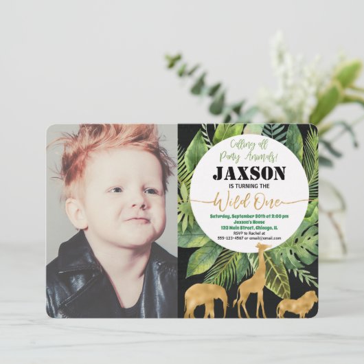 1歳1カ月の誕生日写真の招待ボーイサファリ 招待状 (スタンド正面)