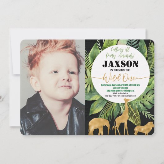 1歳1カ月の誕生日写真の招待ボーイサファリ 招待状 (正面)