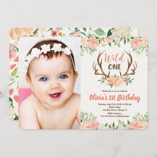 1歳1日の写真の招待鹿のアントラーを野生で飼う 招待状 (正面/裏面)