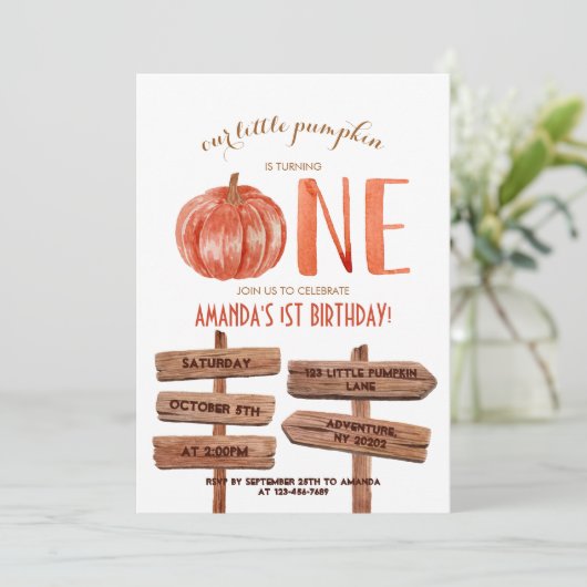 1歳1歳の誕生日の水の色かぼちゃ 招待状 (スタンド正面)