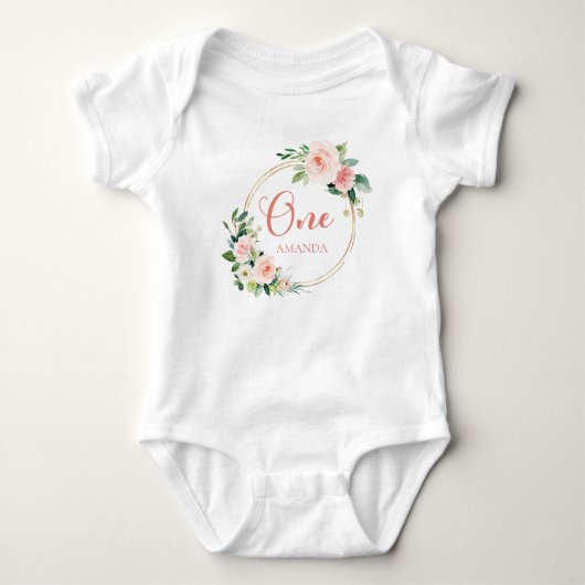 1歳1歳の誕生日ベビーGIrl赤面ピンクフローラ ベビーボディスーツ (正面)