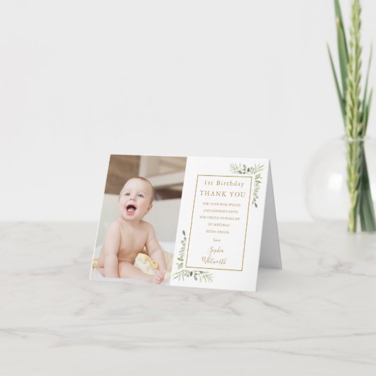 1歳 誕生日 おしゃれ ゴールド グリーン フォト サンキューカード (正面)