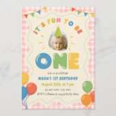 1歳 誕生日 フォト 赤 ギンガムチェック 招待状 (正面)
