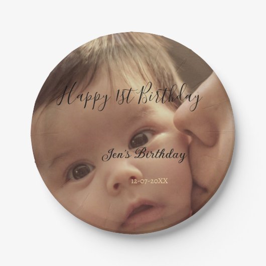 1歳 誕生日 名前 入り フォト 記念日 おしゃれ カリグラフィー ペーパープレート (正面)