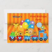 1歳 誕生日 男の子 電車 動物パーティー 招待状 (正面)