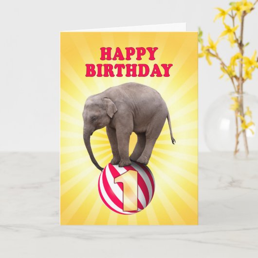 1歳、象の誕生日カードおめでとう カード (黄色い花)