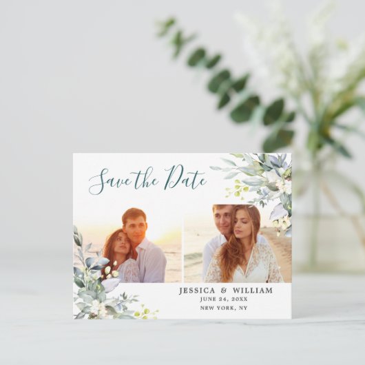 1水色ユーカリ写真ウェディング日付を保存 案内ポストカード (スタンド正面)