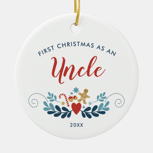 1番目のクリスマスの叔父のパーソナライズされたジンジャーブレッドキャンディーケーン セラミックオーナメント (正面)