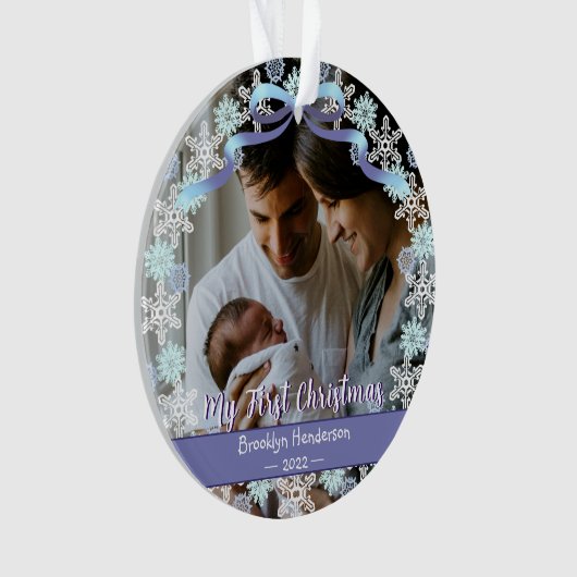 1番目のクリスマスの新生児写真の名前ライトブルーパープル オーナメント (正面)