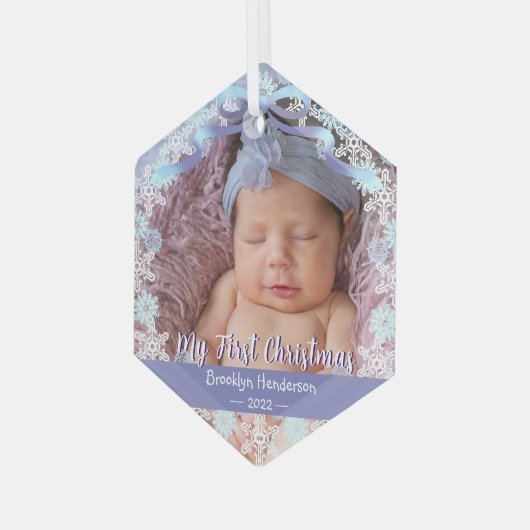 1番目のクリスマスの新生児写真の名前ライトブルーパープル ガラスオーナメント (正面左)