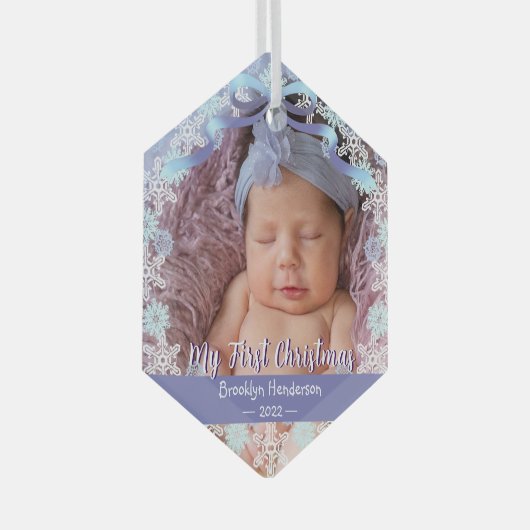 1番目のクリスマスの新生児写真の名前ライトブルーパープル ガラスオーナメント (正面右)