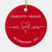 1番目のクリスマス新し結婚い名前のハート赤い セラミックオーナメント (正面)