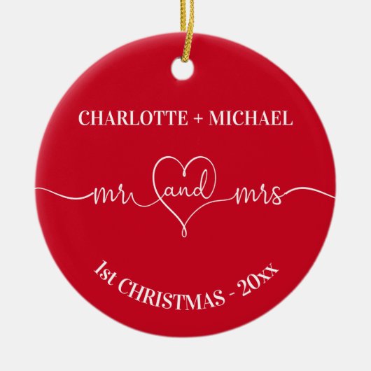 1番目のクリスマス新し結婚い名前のハート赤い セラミックオーナメント (正面)