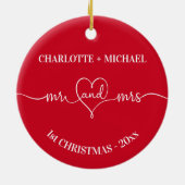 1番目のクリスマス新し結婚い名前のハート赤い セラミックオーナメント (裏面)
