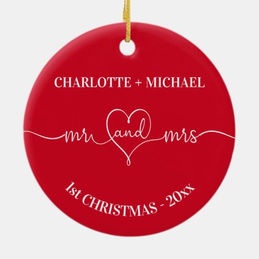 1番目のクリスマス新し結婚い名前のハート赤い セラミックオーナメント (裏面)