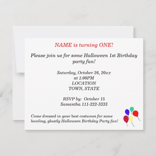 1番目のハロウィーンバースデーパーティ招待状の年齢 招待状 (裏面)