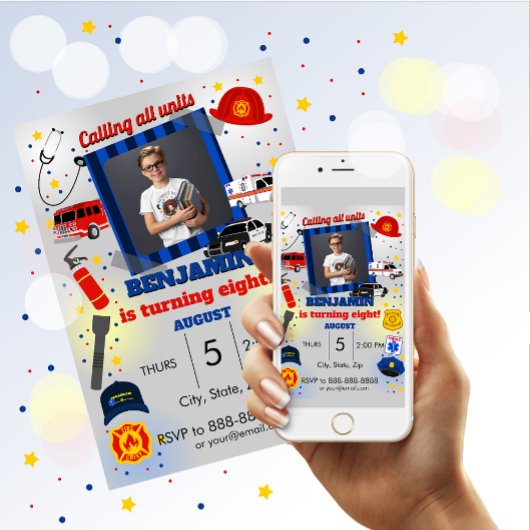 1番目の応答者の写真誕生日招待状 招待状