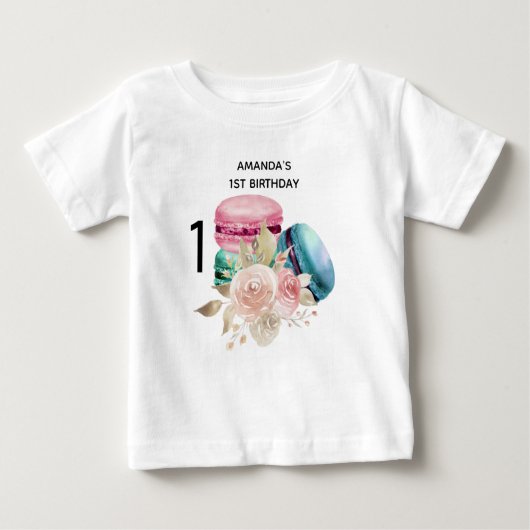 1番目の誕生日とマカロンと花の水色 ベビーTシャツ (正面)