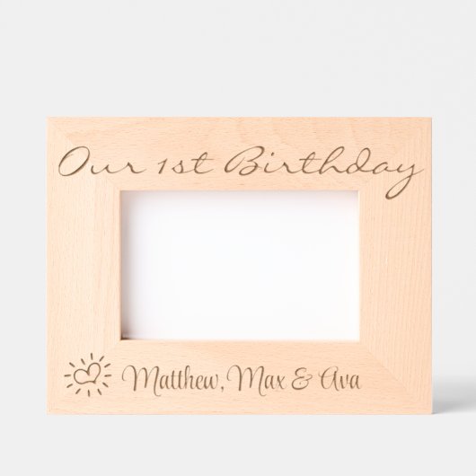 1番目の誕生日の三つ子，双子，名前，写真， 6x4", レーザー彫刻フレーム (正面)