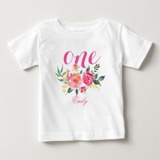 1番目の誕生日の水の色のフローラパーソナライズされた-4 ベビーTシャツ (正面)