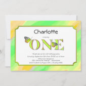 1番目の誕生日の黄色と緑とストライプ 招待状 (正面)