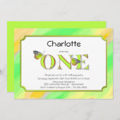 1番目の誕生日の黄色と緑とストライプ 招待状 (正面/裏面)