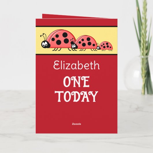 1番目の誕生日を追加する名前ladybugs赤い黄色 カード (裏面)