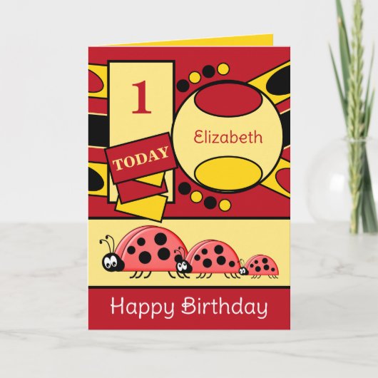 1番目の誕生日を追加する名前ladybugs赤い黄色 カード (正面)