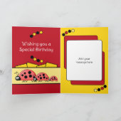 1番目の誕生日を追加する名前ladybugs赤い黄色 カード (内部)