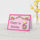 1番目の誕生日カード – サル、ペナンツ、バルーン カード (黄色い花)