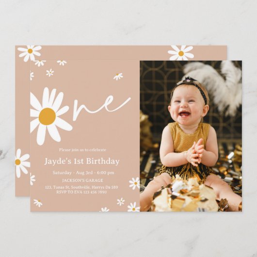 1番目の誕生日デイジーパーティーフォト招待状 招待状 (正面/裏面)