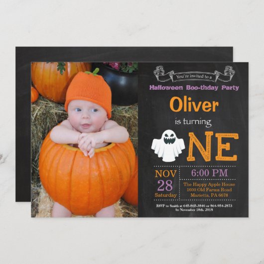 1番目の誕生日ハローウィンパーティフォト招待状 招待状 (正面/裏面)