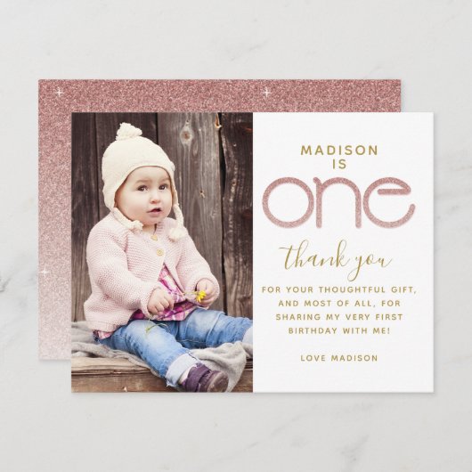 1番目の誕生日バラ金ゴールドグリッターサンキューカード 招待状 (正面/裏面)