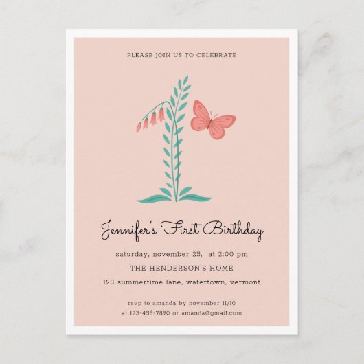 1番目の誕生日パーティーフローラ植物蝶 インビテーションポストカード (正面)