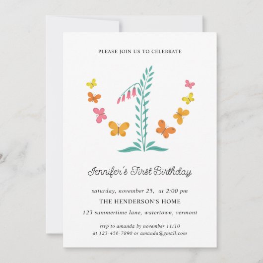 1番目の誕生日パーティーフローラ植物蝶 招待状 (正面)