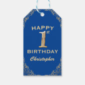 1番目の誕生日パーティーブルーと金ゴールドグリッターフレーム ギフトタグ (裏面)
